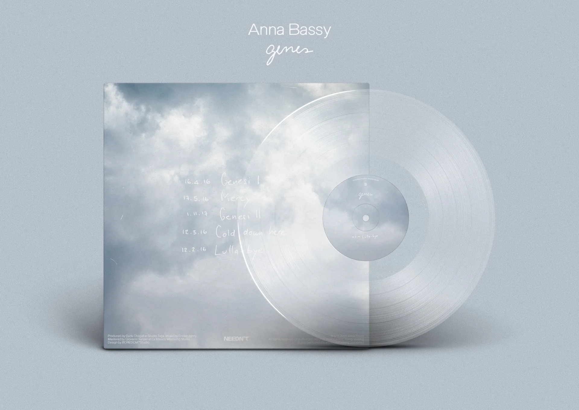 Genesi di Anna Bassy: retro della copertina e vinile trasparente